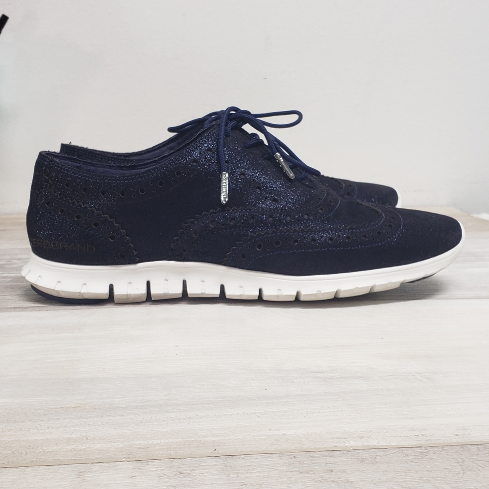 Zerogrand Sparkle Suede Oxford Sneakers by Cole Haan in Navy Sparkle Leather 7.5
